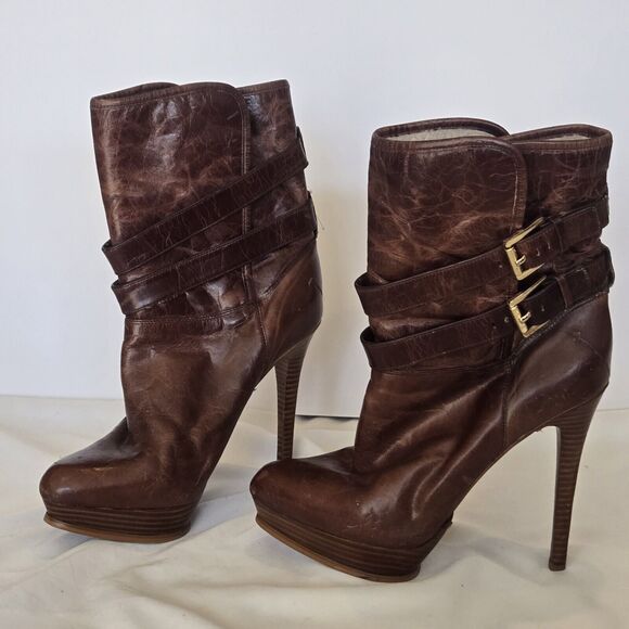 Michael Kors Distressed Leather Mocha Mae Platform Shearling Boots Size 8.5 - Picture 4 of 9